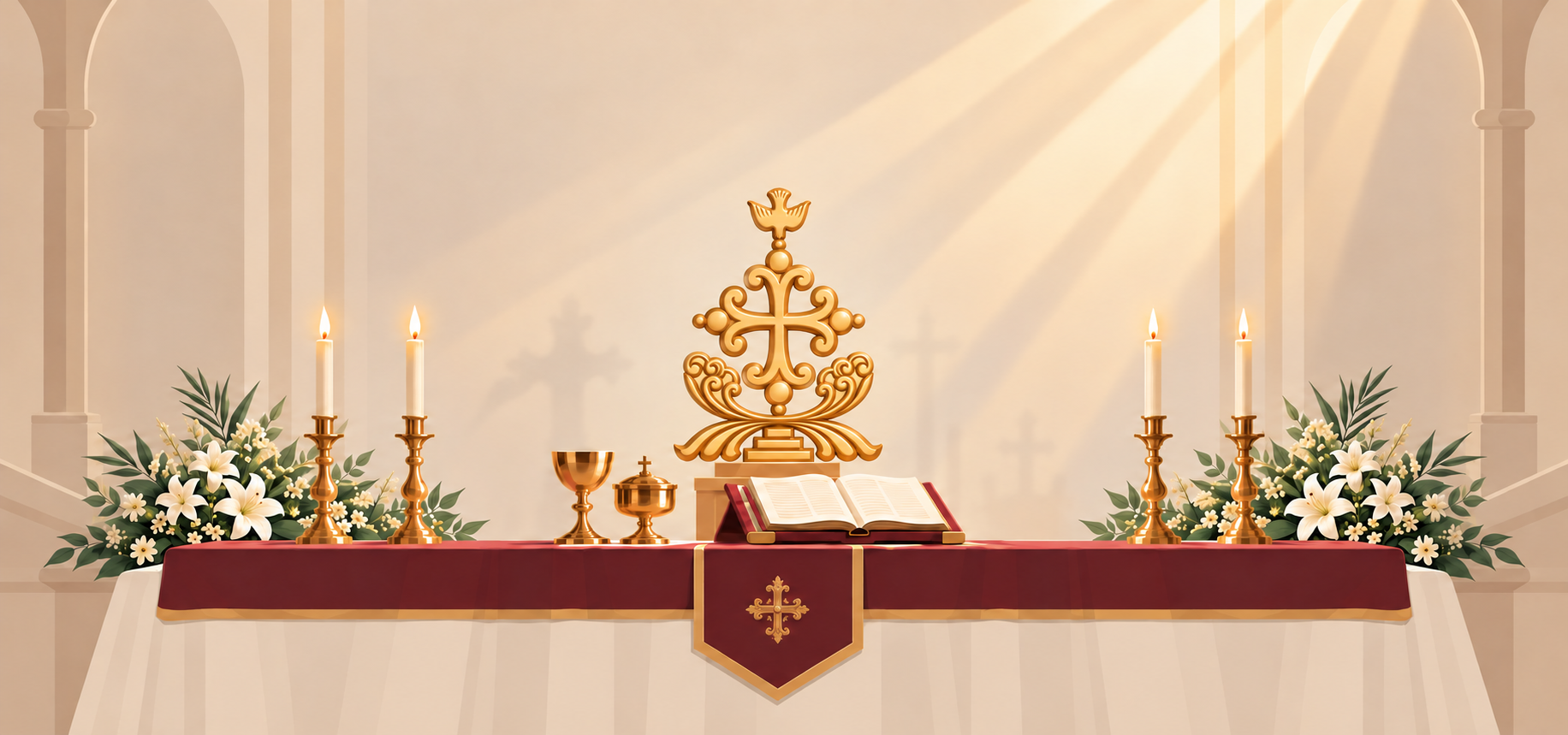 Altar with a cross, open scripture, flowers, and a statue of St. Sebastian